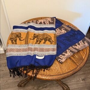Pashmina Blue/‎ Brown Elephant Throw Scarf 100% Cashmere Eclectic Grandma BOHO